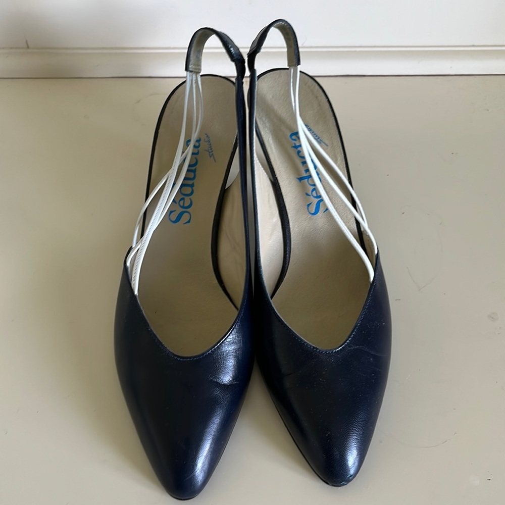 Vintage Charles Jourdan Navy Blue Sling Back Heels, Made in France, 8.5 U.S.